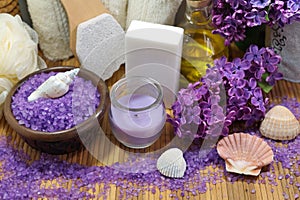 SPA - Aromatic sea salt and scented soap, scented candles and massage oil and accessories for massage and bath