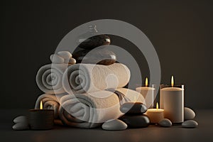 Spa atmosphere, relaxation. Towels, stones and candles. AI generative