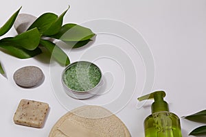 Spa background with Bath Accessories, Face and Body care. Set for personal care. Clean skin with brush, routine things