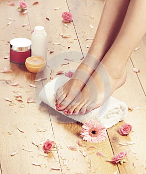 Spa background with beautiful feet, flowers and petals