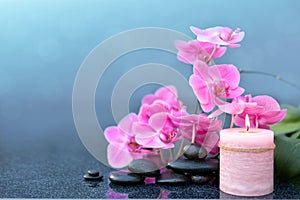 Spa background with pink orchid , candle and zen black stones on gray.
