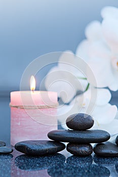 Spa background with white orchid , candle and zen black stones on gray.