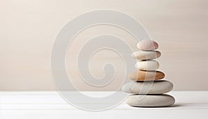 Spa, balance, meditation and zen minimal modern concept. Stack of stone pebbles against beige wall for design and presentation