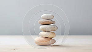 Spa, balance, meditation and zen minimal modern concept. Stack of stone pebbles against beige wall for design and presentation