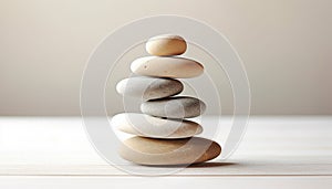 Spa, balance, meditation and zen minimal modern concept. Stack of stone pebbles against beige wall for design and presentation