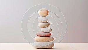 Spa, balance, meditation and zen minimal modern concept. Stack of stone pebbles against beige wall for design and presentation