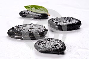 Spa basalt stones and green leaves with water drops