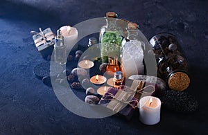 Spa and bathroom accessories: handmade soap, sea salt, aroma oils, candles and other products for spa treatments.