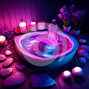 Spa bathtub with candles and flowers. 3D rendering. Generative AI