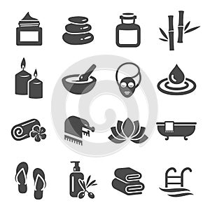 Spa and beauty black silhouette icons set on white. Body care  wellness  massage  sauna pictograms