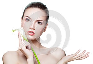 Spa beauty girl showing empty copy space on the open hand isolated on white. Presenting your product