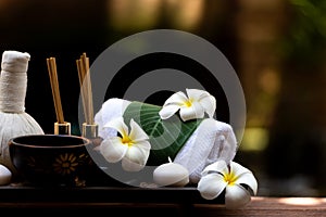 Spa beauty massage healthy wellness background. Spa Thai therapy treatment aromatherapy for body woman with flower nature candle f