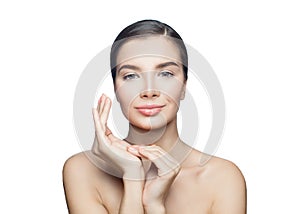 Spa beauty portrait of cute woman isolated on white background. Skincare, aesthetic medicine and facial treatment concept