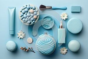 Spa beauty products for body and face skin care, view from above on various spa products on blue background. Ai generated