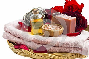 Spa beauty roses products with natural soap, massage oil, salt,