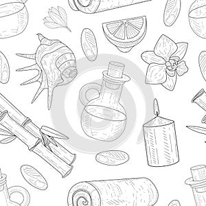 Spa and Beauty Seamless Pattern, Organic Natural Cosmetics and Accessories. Hand Drawn Design Element Can Be Used for