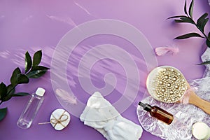 SPA beauty treatment complete hygiene accessories, natural soap, essence oil, massage brush, bath bomb, sponges on