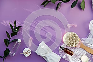 SPA and beauty treatment complete hygiene accessories, natural soap, essence oil, massage brush, bath bomb, sponges on