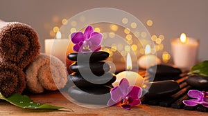 Spa, beauty treatment and wellness background with massage stone, orchid flowers, towels and burning candles