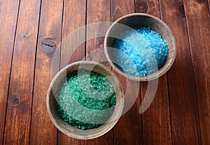 Spa and body care concept. Colorful, aromatic bath salt. Dead Sea Salt. Dead Sea cosmetics.