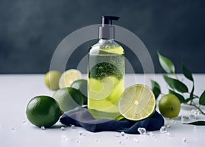 spa body treatment oil bottle natural lime skincare organic lemon. Generative AI.