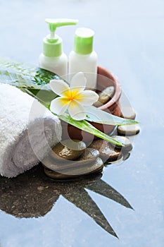 Spa bottles in bowl of water, towel, flower and stones