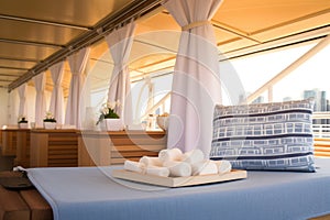 spa cabana on a cruise ship deck with clean towels