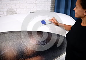 Spa Capsule is the perfect system for weight loss, anti-cellulite, anti-aging, massage, and de-stressing.Woman inside a spa