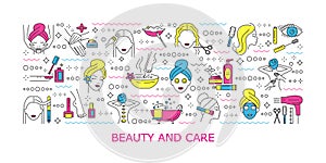 Spa, care and beaty horizontal banner. Collection of icons in modern linear style for spa salon