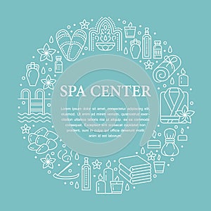 Spa center banner illustration with flat line icons. Essential oils, aromatherapy massage, turkish steam bath hamam