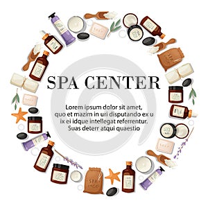 Spa center round pattern vector illustration. Realistic plastic containers bottles, tubes and jars for cream, body