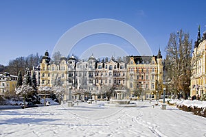 Spa center of small west Bohemian spa town Marianske Lazne Marienbad in winter with snow - Czech Republic