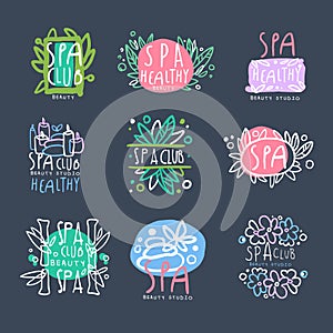 Spa club, beauty studio logo set, badge for wellness, yoga center hand drawn vector Illustrations