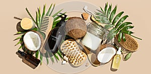 Spa coconut products flat lay, face, body and hair organic treatment concept