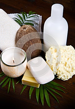 Spa coconut products on wood