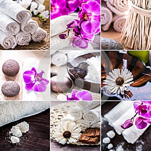 Spa collage. Accessories for spa . A stack of white towels and a