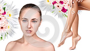 Spa collage of female face and legs.