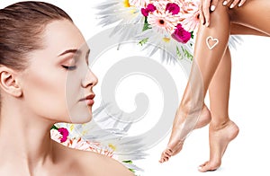 Spa collage of female face and legs.