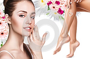 Spa collage of female face and legs.