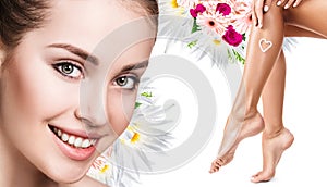 Spa collage of female face and legs.