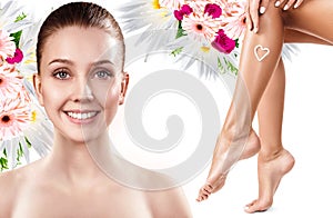 Spa collage of female face and legs.