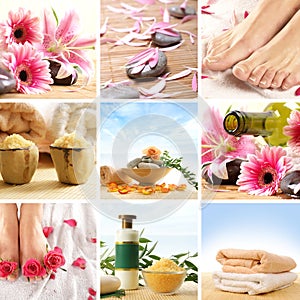 A spa collage of female feet, flowers and stones