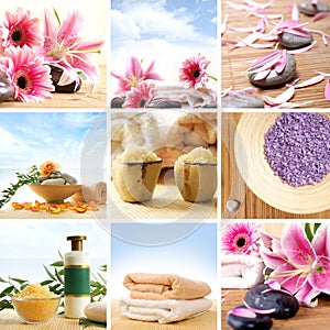 A spa collage of many images with flowers