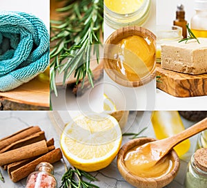 Spa collage with organic skincare ingredients , manuka honey, rosemary herb, lemon and natural soap, spa still life natural