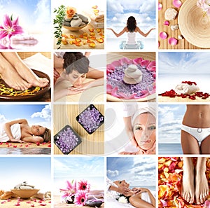 A spa collage with young women, stones and petals