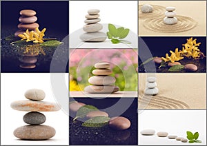 Spa collection, collage of balancing zen pebble stones