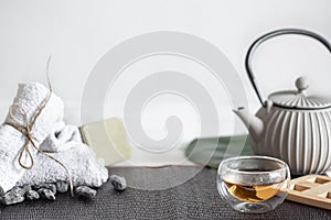 Spa composition with bath accessories and tea copy space