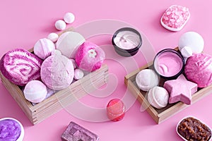 Spa composition with body care items on a colored background