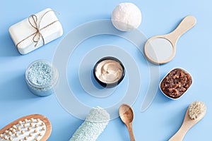 Spa composition with body care items on a colored background