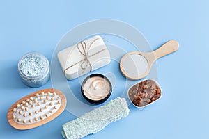 Spa composition with body care items on a colored background
